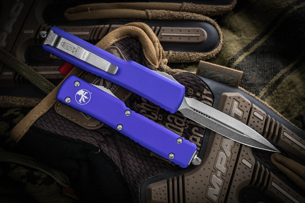 Microtech UTX-70 OTF Automatic Knife Purple 2.4" Dagger Stonewash 147-10PU 4 Microtech UTX-70 OTF Automatic Knife Purple 2.4" Dagger Stonewash 147-10PU - Image 2