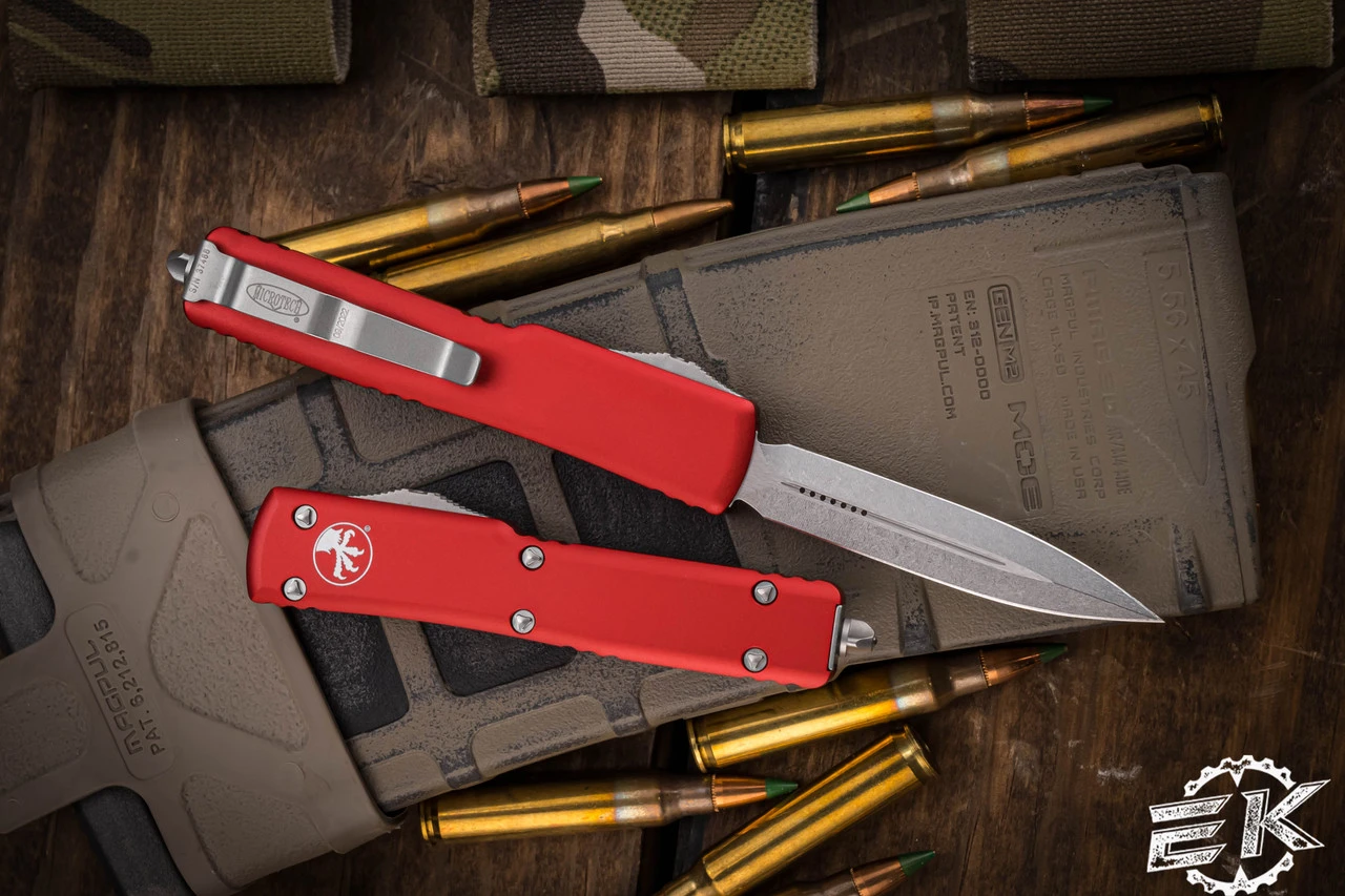 Microtech UTX-70 OTF Automatic Knife Red 2.4" Dagger Stonewash 147-10RD 4 Microtech UTX-70 OTF Automatic Knife Red 2.4" Dagger Stonewash 147-10RD - Image 2