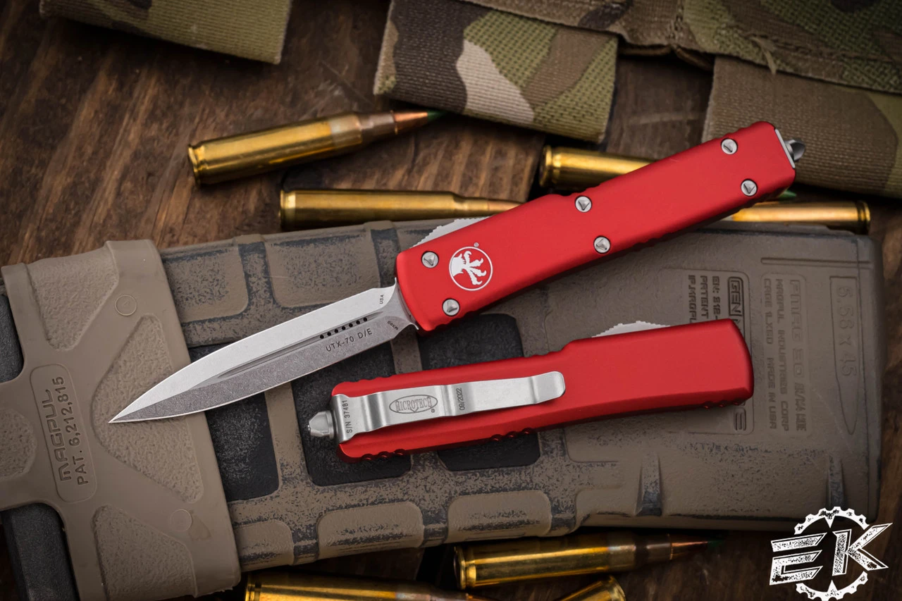 Microtech UTX-70 OTF Automatic Knife Red 2.4" Dagger Stonewash 147-10RD 3 Microtech UTX-70 OTF Automatic Knife Red 2.4" Dagger Stonewash 147-10RD