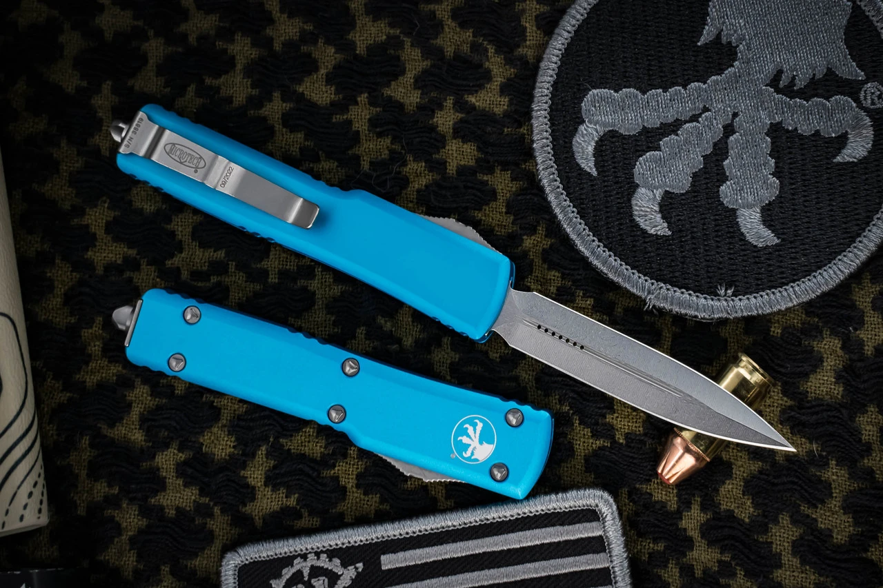 Microtech UTX-70 Turquoise OTF Automatic 2.4" Dagger Stonewash 147-10TQ 5 Microtech UTX-70 Turquoise OTF Automatic 2.4" Dagger Stonewash 147-10TQ - Image 3