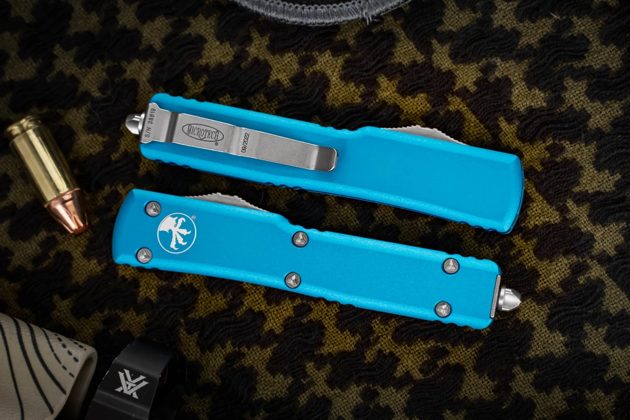 Microtech UTX-70 Turquoise OTF Automatic 2.4" Dagger Stonewash 147-10TQ 4 Microtech UTX-70 Turquoise OTF Automatic 2.4" Dagger Stonewash 147-10TQ - Image 2