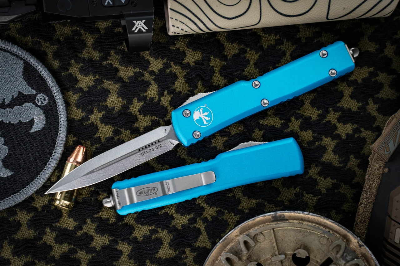 Microtech UTX-70 Turquoise OTF Automatic 2.4" Dagger Stonewash 147-10TQ 3 Microtech UTX-70 Turquoise OTF Automatic 2.4" Dagger Stonewash 147-10TQ