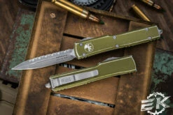 Microtech UTX-70 OTF Automatic Knife Distressed OD Green 2.4" Dagger Stonewash Serrated 147-12DOD