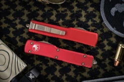 Microtech UTX-70 Red OTF Automatic Knife Black 2.4"Dagger Bronze 147-13RD -Southern Blades 147 13 RD Closed 00150.1668283985