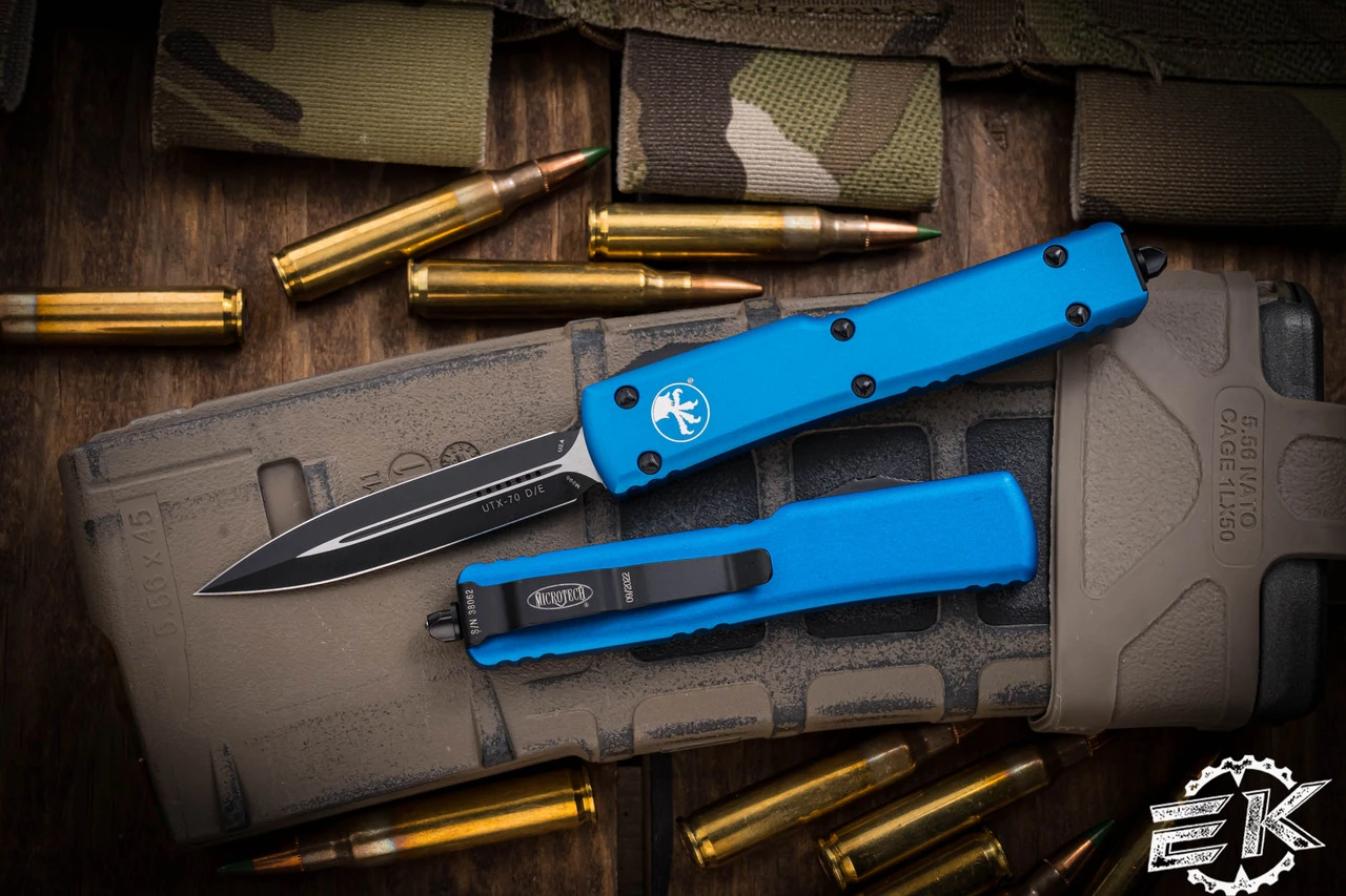 Microtech UTX-70 OTF Automatic Knife Blue 2.4" Dagger Black 147-1BL 3 Microtech UTX-70 OTF Automatic Knife Blue 2.4" Dagger Black 147-1BL