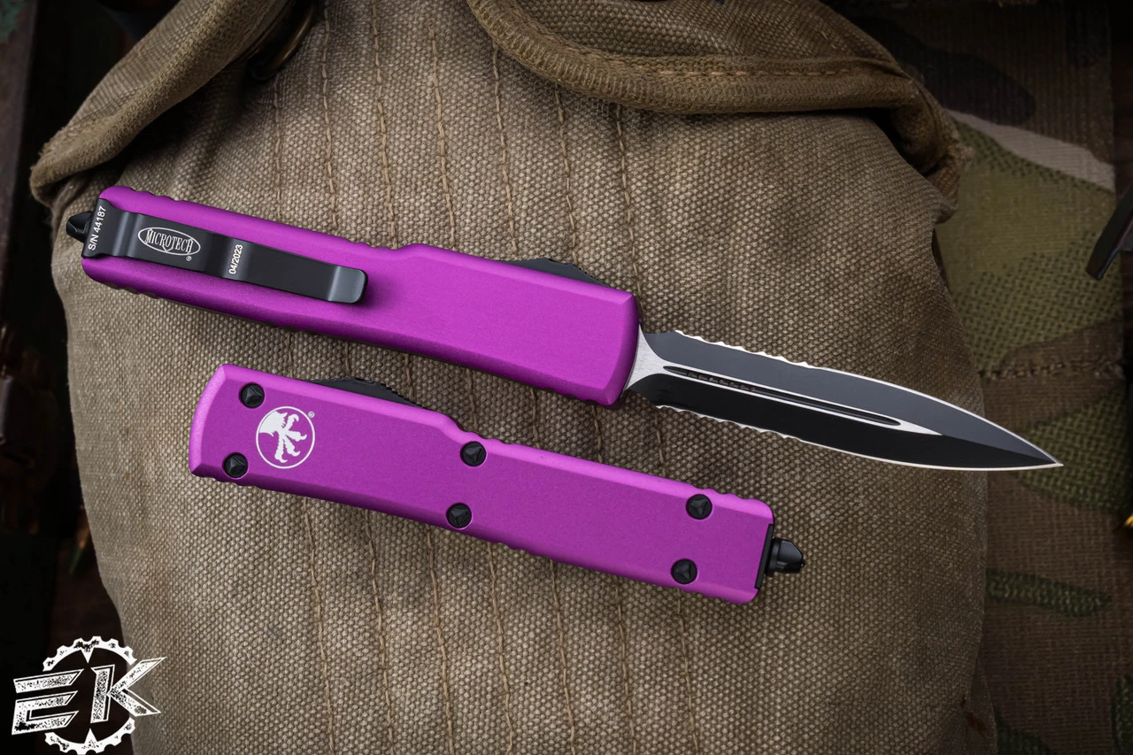 Microtech UTX-70 OTF Automatic Knife Violet 2.4" Dagger Serrated Black 147-2VI 4 Microtech UTX-70 OTF Automatic Knife Violet 2.4" Dagger Serrated Black 147-2VI - Image 2