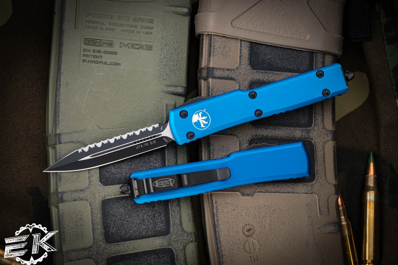 Microtech UTX-70 OTF Automatic Knife Blue 2.4" Dagger Black Serrated 147-3BL 3 Microtech UTX-70 OTF Automatic Knife Blue 2.4" Dagger Black Serrated 147-3BL