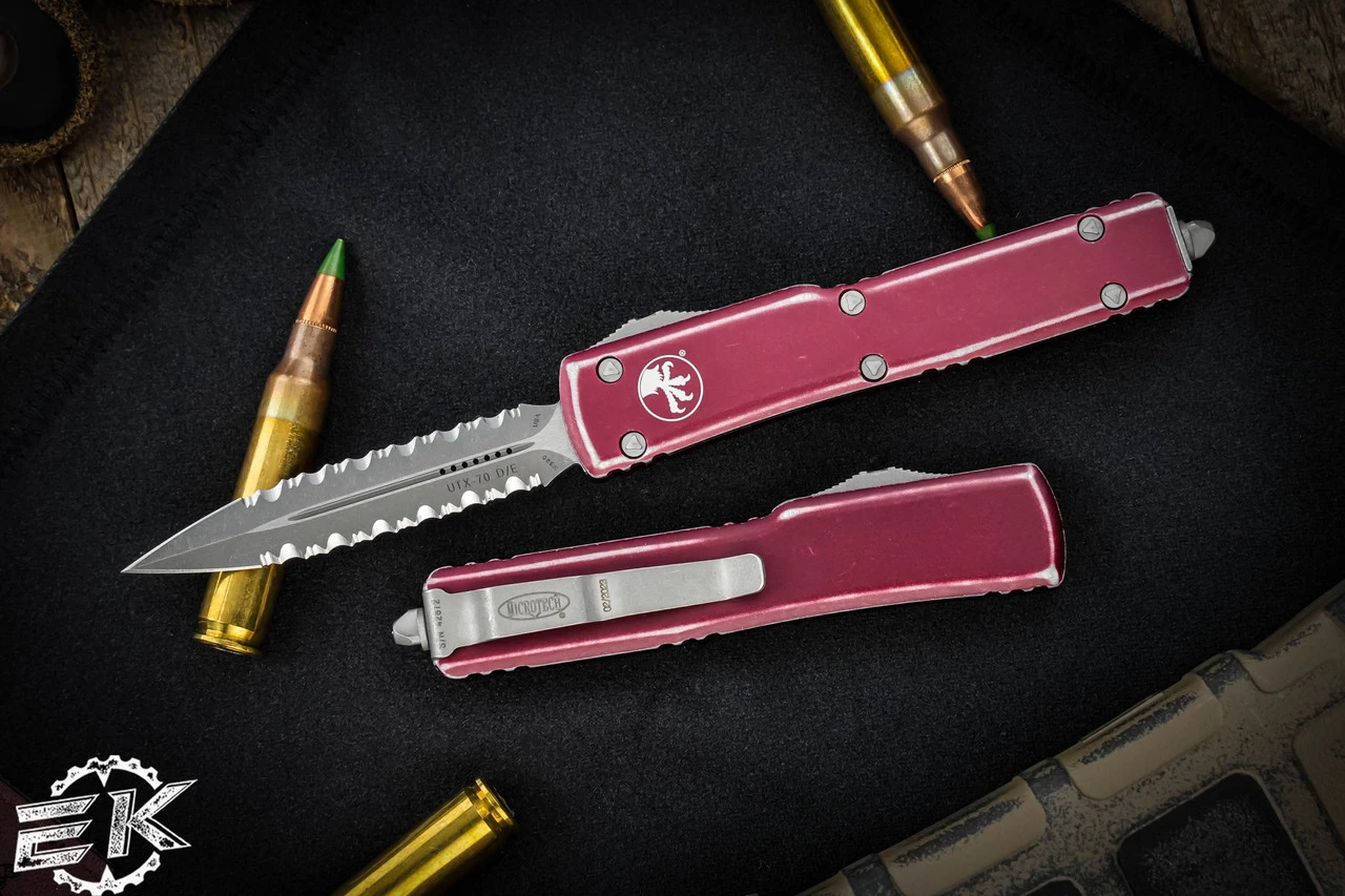 Microtech UTX-70 Distressed Merlot Red OTF Knife 2.4" Dagger Double Serrated Stonewash 147-D12DMR 3 Microtech UTX-70 Distressed Merlot Red OTF Knife 2.4" Dagger Double Serrated Stonewash 147-D12DMR