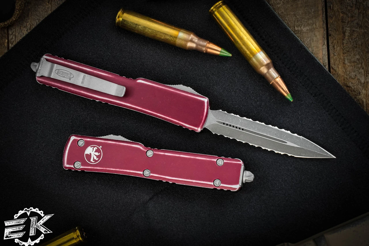 Microtech UTX-70 Distressed Merlot Red OTF Knife 2.4" Dagger Double Serrated Stonewash 147-D12DMR 4 Microtech UTX-70 Distressed Merlot Red OTF Knife 2.4" Dagger Double Serrated Stonewash 147-D12DMR - Image 2