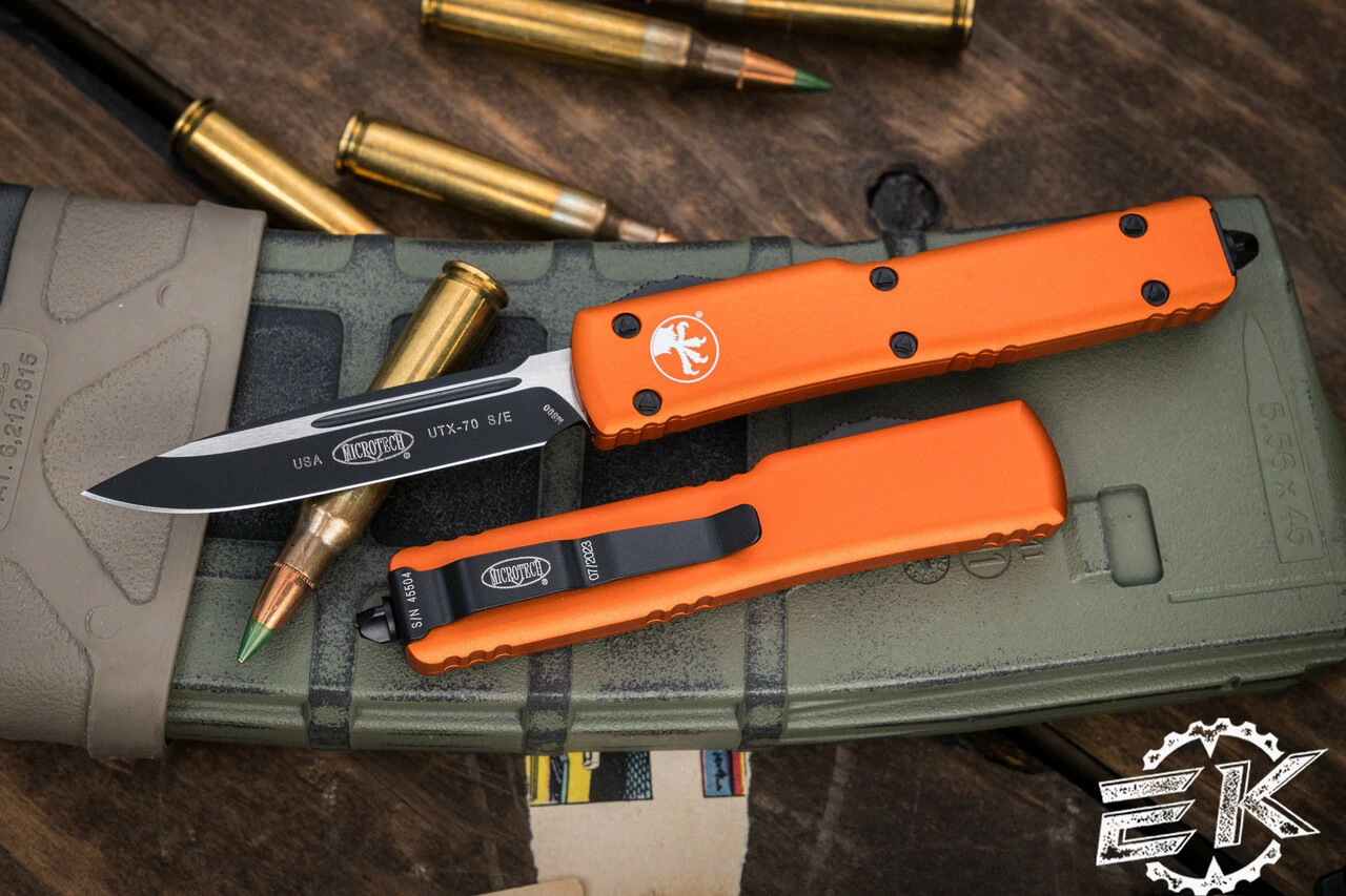 Microtech UTX-70 OTF Automatic Knife Orange 2.4" Drop Point Black 148-1OR 3 Microtech UTX-70 OTF Automatic Knife Orange 2.4" Drop Point Black 148-1OR