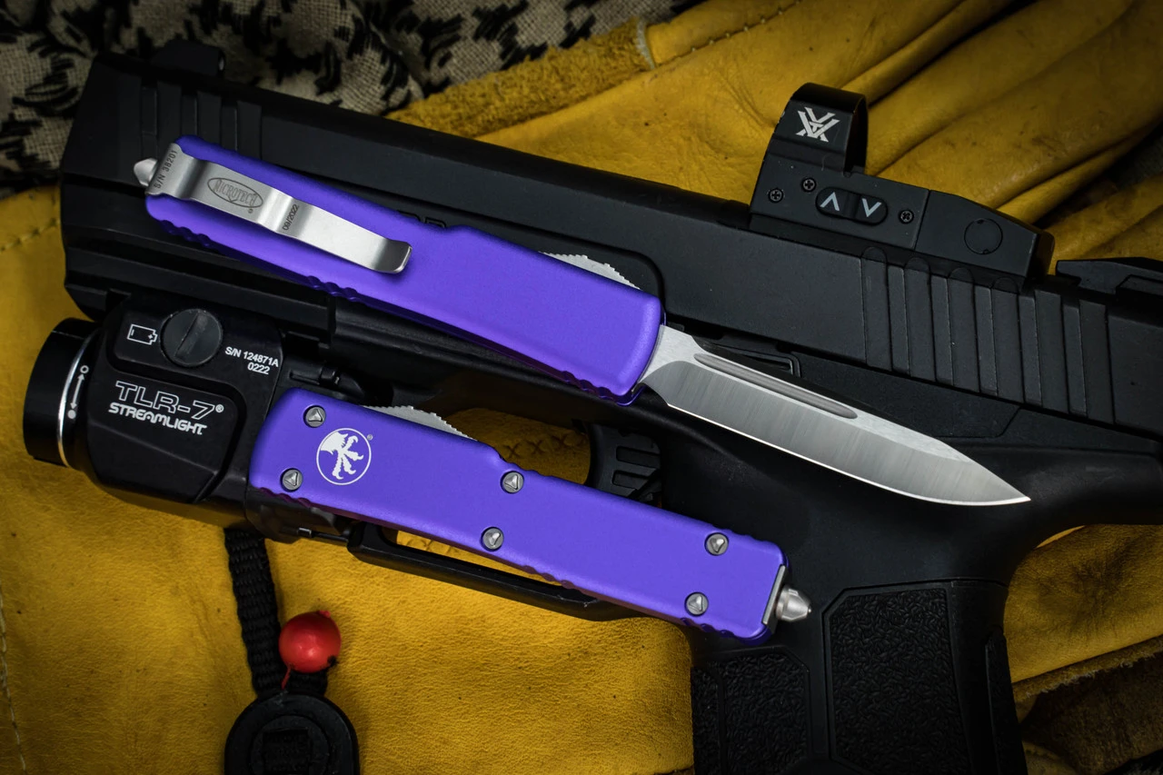 Microtech UTX-70 OTF Automatic Knife Purple 2.4" Drop Point Satin 148-4PU 4 Microtech UTX-70 OTF Automatic Knife Purple 2.4" Drop Point Satin 148-4PU - Image 2