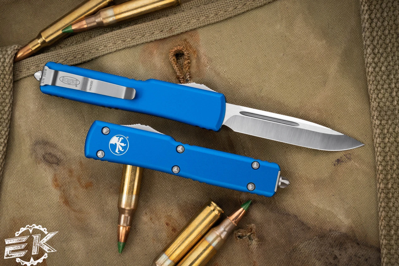 Microtech UTX-70 OTF Automatic Knife Blue 2.4" Drop Point Satin 148-4BL 4 Microtech UTX-70 OTF Automatic Knife Blue 2.4" Drop Point Satin 148-4BL - Image 2
