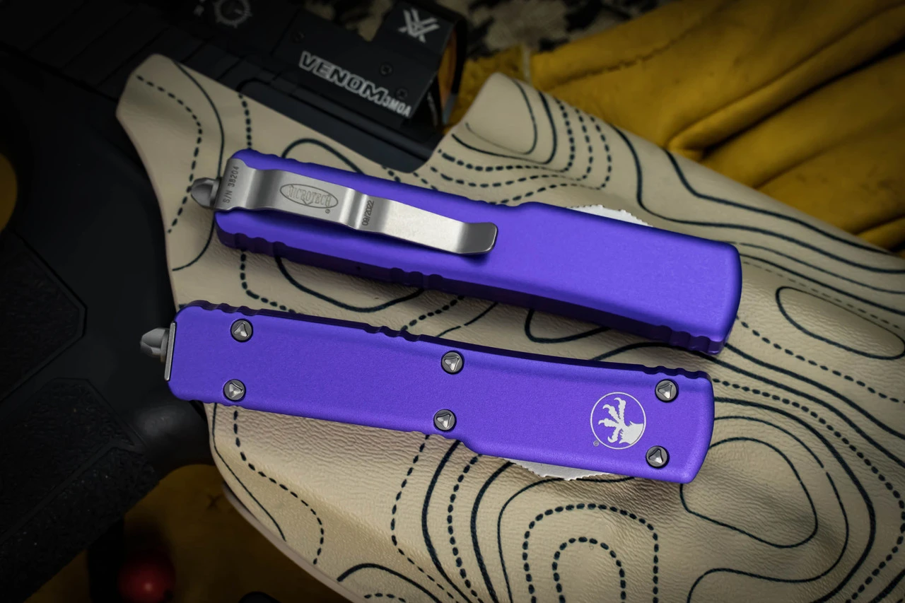 Microtech UTX-70 OTF Automatic Knife Purple 2.4" Drop Point Satin 148-4PU 5 Microtech UTX-70 OTF Automatic Knife Purple 2.4" Drop Point Satin 148-4PU - Image 3