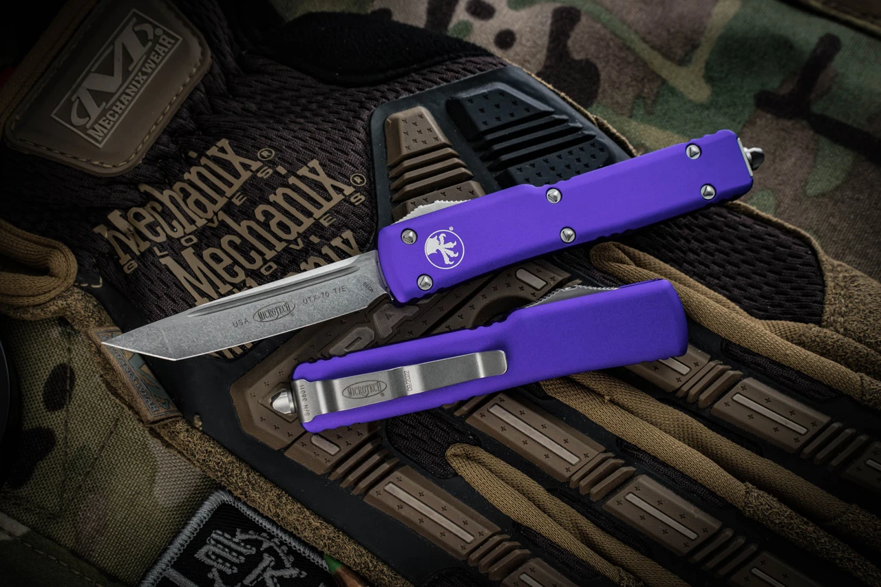 Microtech UTX-70 OTF Automatic Knife Purple 2.4" Tanto Stonewash 149-10PU 3 Microtech UTX-70 OTF Automatic Knife Purple 2.4" Tanto Stonewash 149-10PU