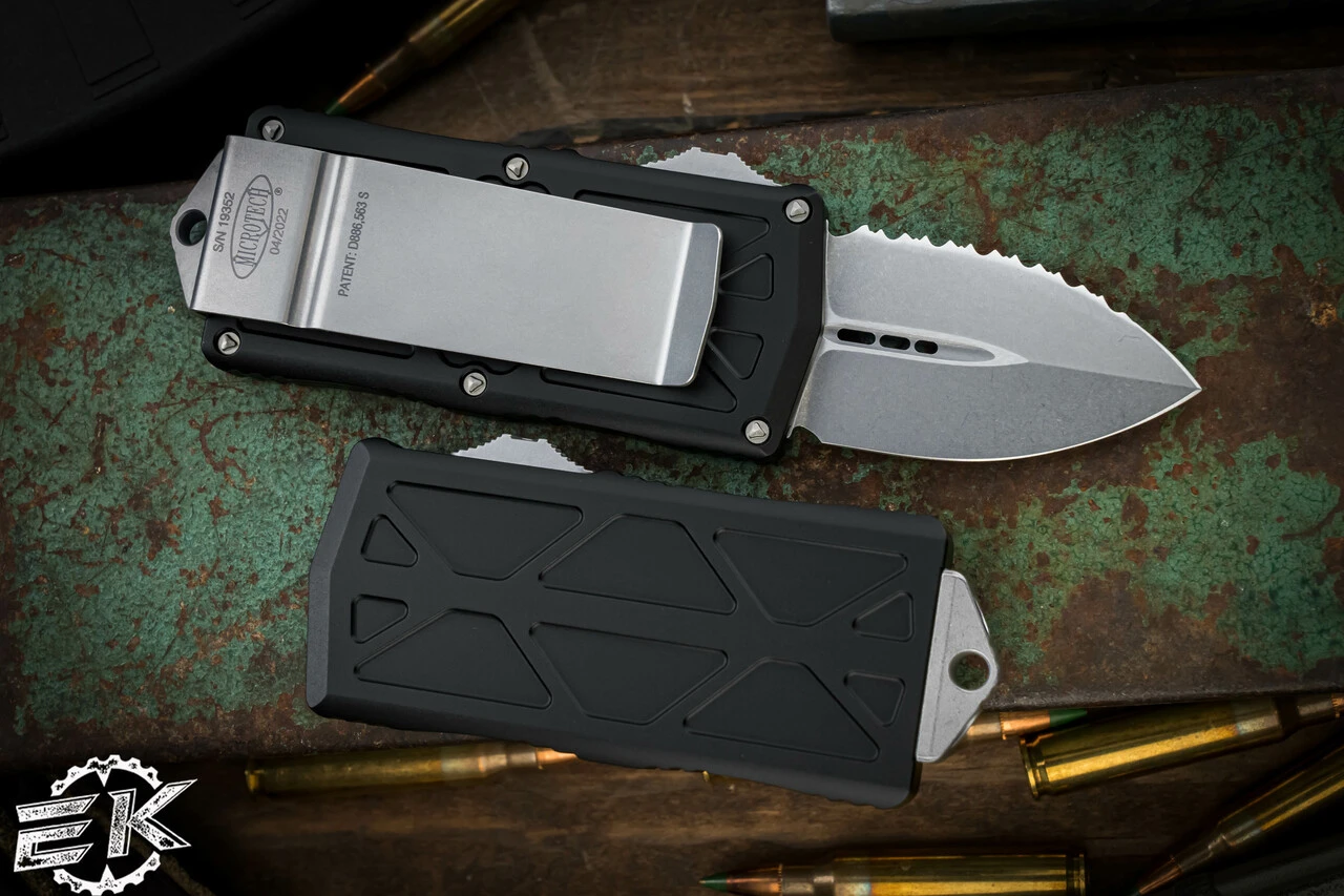 Microtech Exocet Money Clip OTF Automatic Black Knife Cali Legal 1.9" Stonewash Dagger Serrated 157-12 4 Microtech Exocet Money Clip OTF Automatic Black Knife Cali Legal 1.9" Stonewash Dagger Serrated 157-12 - Image 2