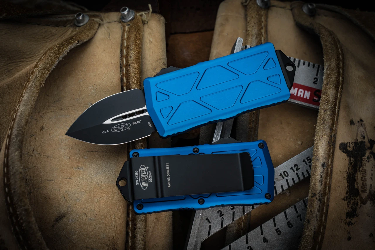 Microtech Exocet OTF Money Clip Knife Cali Legal Blue 1.9" Dagger Black 157-1BL 3 Microtech Exocet OTF Money Clip Knife Cali Legal Blue 1.9" Dagger Black 157-1BL