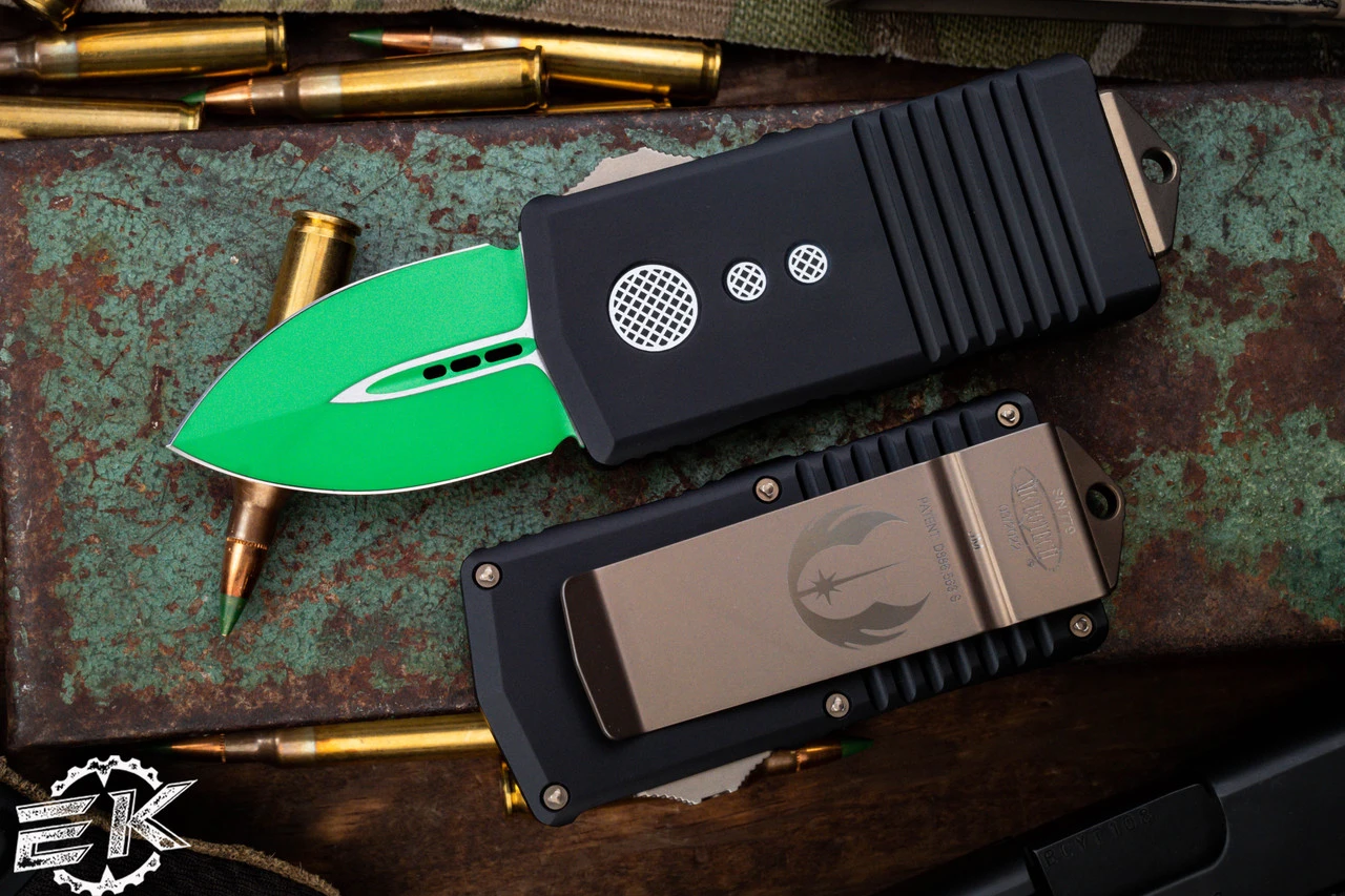 Microtech Exocet Jedi Master OTF Automatic Wallet/Knife Cali-Legal 1.9" Dagger Green 157-1JM 3 Microtech Exocet Jedi Master OTF Automatic Wallet/Knife Cali-Legal 1.9" Dagger Green 157-1JM