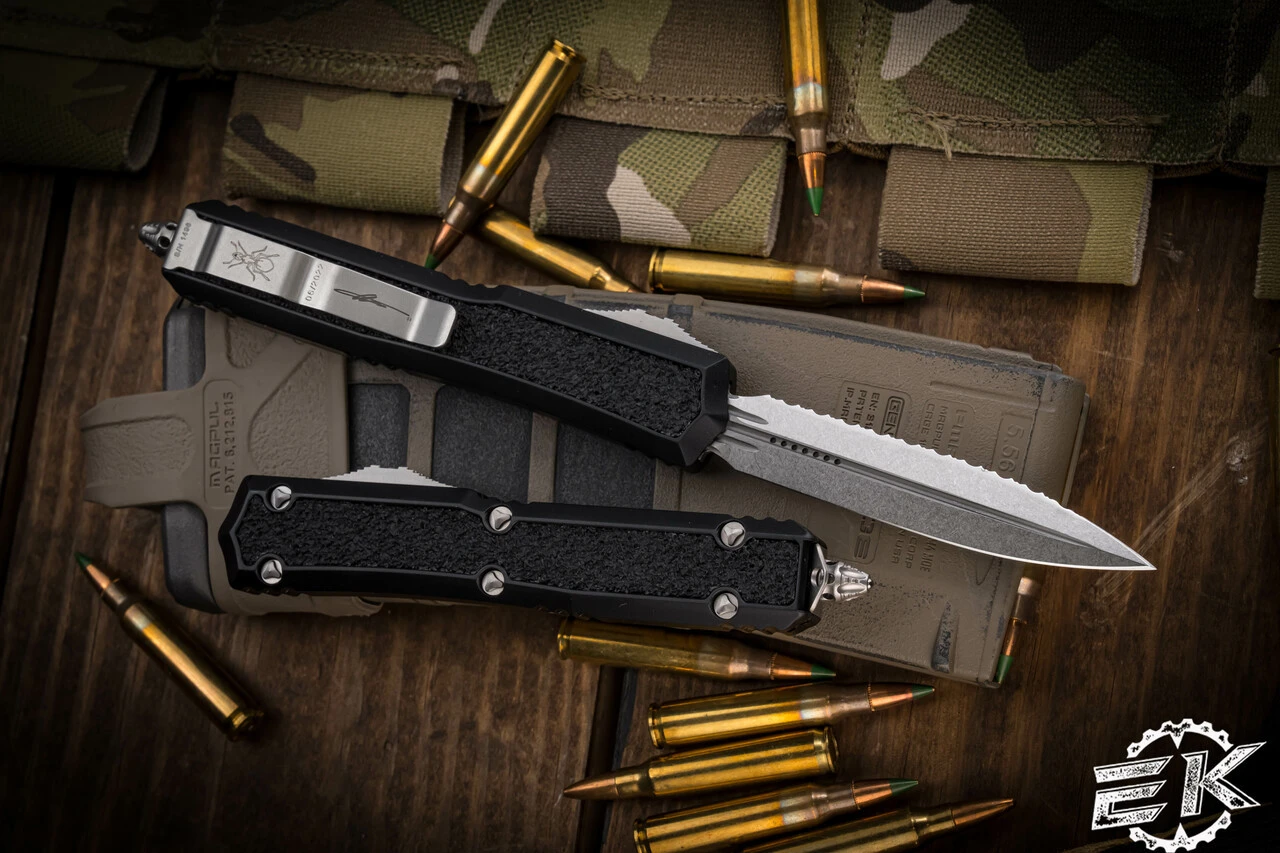 Microtech Makora OTF Automatic Knife Black (Nickel Boron Internals) 3.25" Stonewash Dagger Serrated 206-12S 4 Microtech Makora OTF Automatic Knife Black (Nickel Boron Internals) 3.25" Stonewash Dagger Serrated 206-12S - Image 2