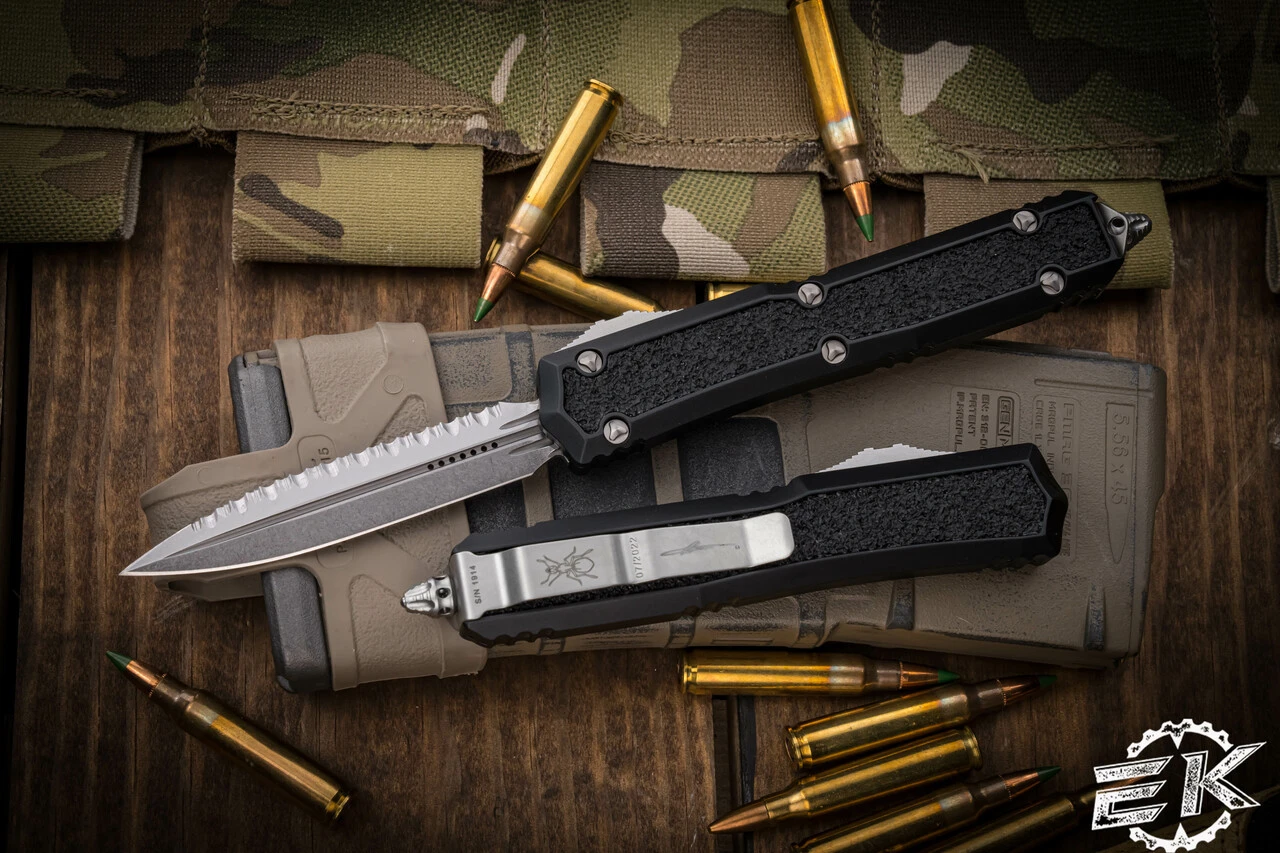 Microtech Makora OTF Automatic Knife Black (Nickel Boron Internals) 3.25" Stonewash Dagger Serrated 206-12S 3 Microtech Makora OTF Automatic Knife Black (Nickel Boron Internals) 3.25" Stonewash Dagger Serrated 206-12S