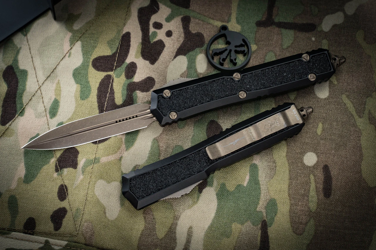 Microtech Makora OTF Automatic Knife Black (Nickel Boron Internals) 3.25" Dagger Bronze Apocalyptic 206-13APS 4 Microtech Makora OTF Automatic Knife Black (Nickel Boron Internals) 3.25" Dagger Bronze Apocalyptic 206-13APS - Image 2