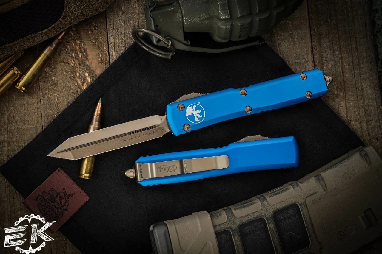 Microtech Ultratech Blue Spartan OTF Automatic Knife 3.4" Bronze 223-13BL 3 Microtech Ultratech Blue Spartan OTF Automatic Knife 3.4" Bronze 223-13BL