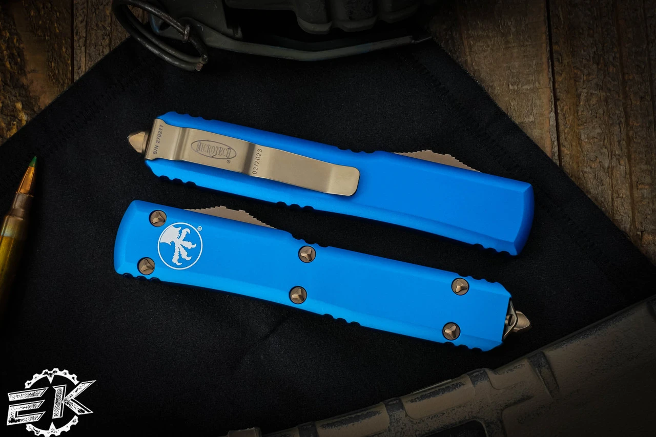 Microtech Ultratech Blue Spartan OTF Automatic Knife 3.4" Bronze 223-13BL 4 Microtech Ultratech Blue Spartan OTF Automatic Knife 3.4" Bronze 223-13BL - Image 2