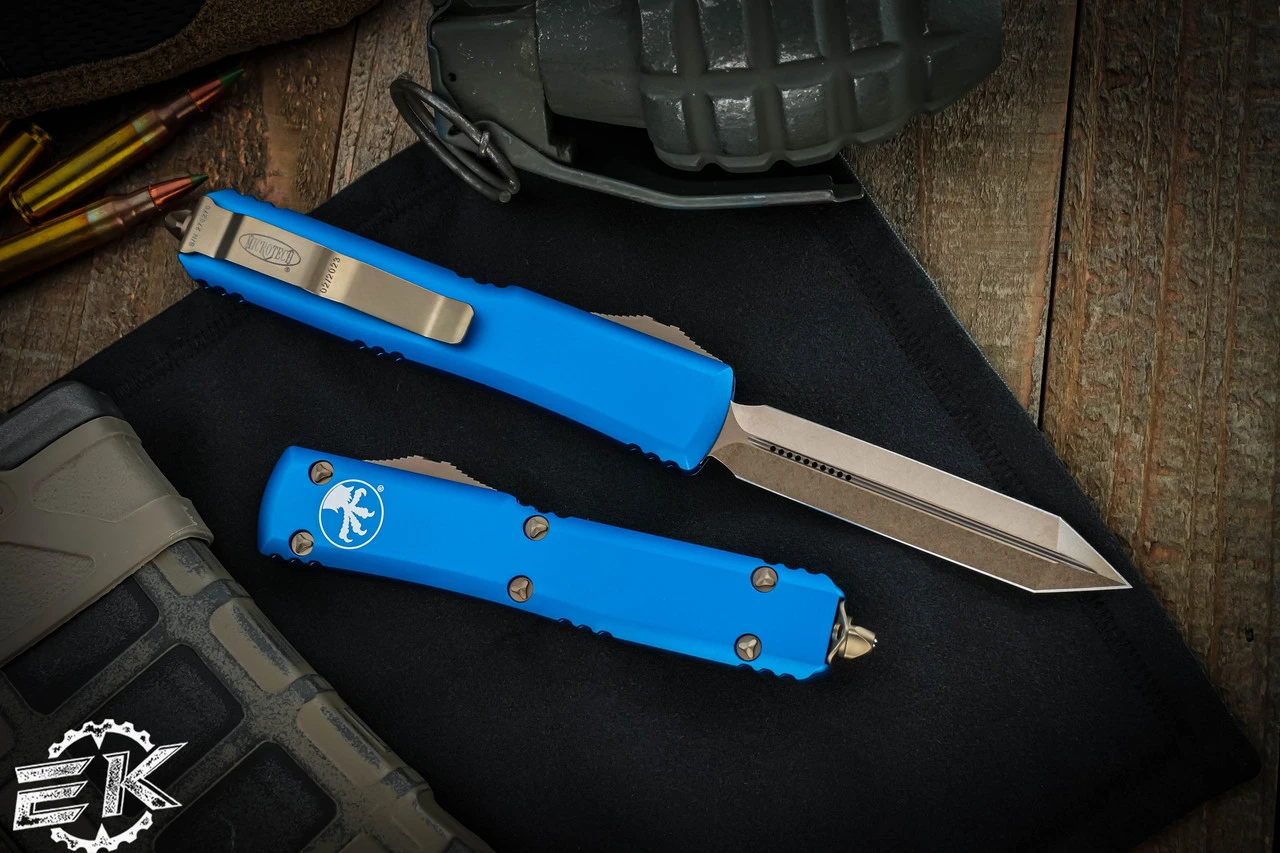 Microtech Ultratech Blue Spartan OTF Automatic Knife 3.4" Bronze 223-13BL 5 Microtech Ultratech Blue Spartan OTF Automatic Knife 3.4" Bronze 223-13BL - Image 3