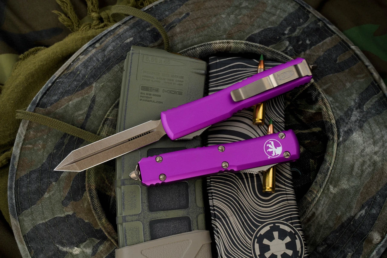 Microtech Ultratech Spartan Violet OTF Automatic Knife 3.4" Bronze 223-13VI 5 Microtech Ultratech Spartan Violet OTF Automatic Knife 3.4" Bronze 223-13VI - Image 3