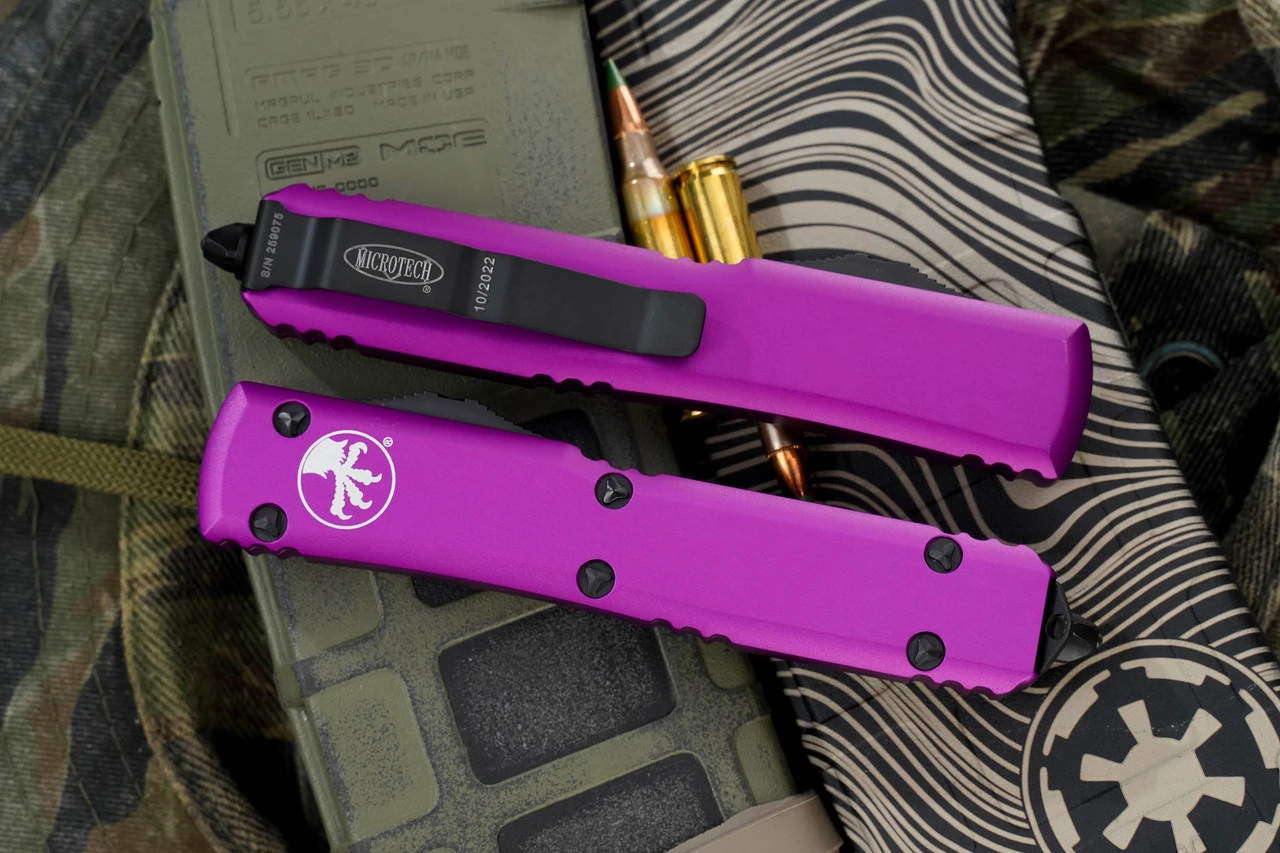 Microtech Ultratech Spartan Violet OTF Automatic Knife 3.4" Black 223-1VI 4 Microtech Ultratech Spartan Violet OTF Automatic Knife 3.4" Black 223-1VI - Image 2