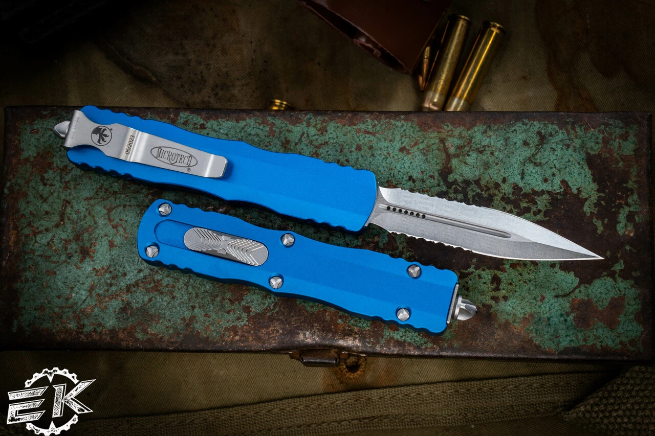 Microtech Dirac OTF Automatic Knife Blue 3" Dagger Stonewash Serrated 225-11BL 4 Microtech Dirac OTF Automatic Knife Blue 3" Dagger Stonewash Serrated 225-11BL - Image 2