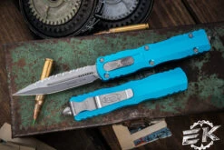 Microtech Dirac OTF Automatic Knife Turquoise 3" Dagger Stonewash Serrated 225-12TQ