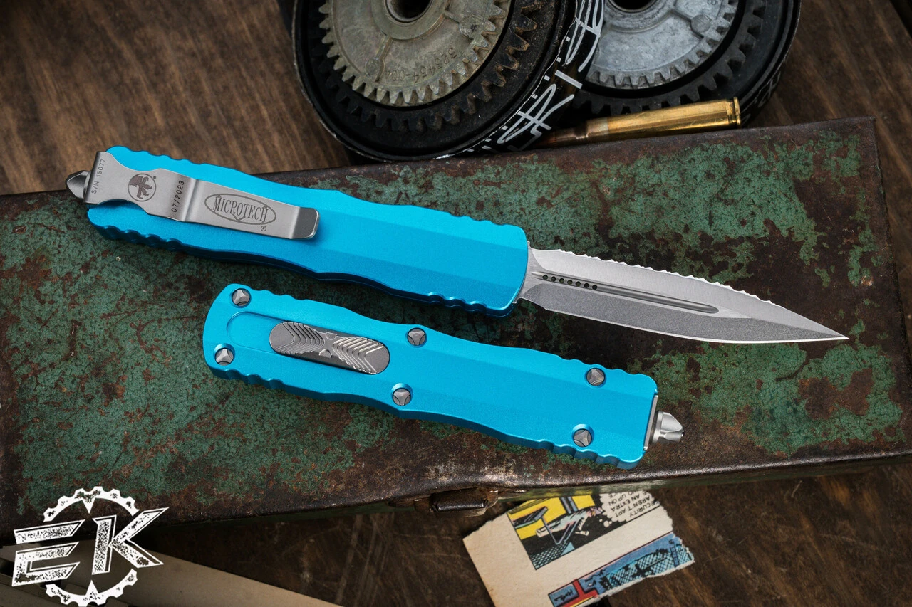Microtech Dirac OTF Automatic Knife Turquoise 3" Dagger Stonewash Serrated 225-12TQ 4 Microtech Dirac OTF Automatic Knife Turquoise 3" Dagger Stonewash Serrated 225-12TQ - Image 2