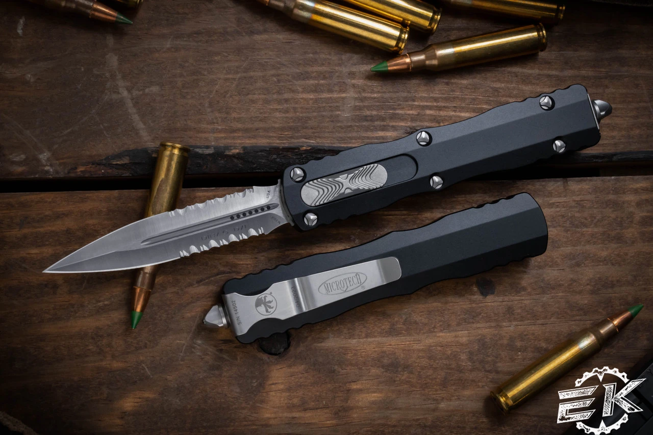 Microtech Dirac OTF Automatic Knife 3" Dagger Satin Serrated 225-5 3 Microtech Dirac OTF Automatic Knife 3" Dagger Satin Serrated 225-5