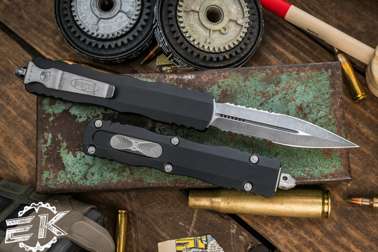 Microtech Dirac Delta OTF Automatic Knife 3.75" Dagger Stonewash Apocalyptic Serrated 227-11AP 4 Microtech Dirac Delta OTF Automatic Knife 3.75" Dagger Stonewash Apocalyptic Serrated 227-11AP - Image 2