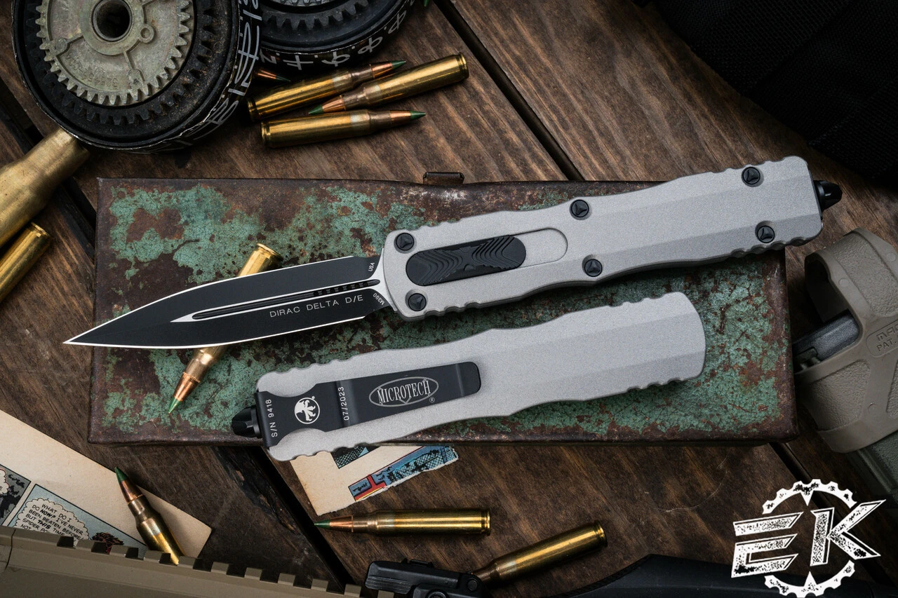 Microtech Dirac Delta OTF Automatic Knife Gray 3.75" Dagger Black 227-1TG 3 Microtech Dirac Delta OTF Automatic Knife Gray 3.75" Dagger Black 227-1TG
