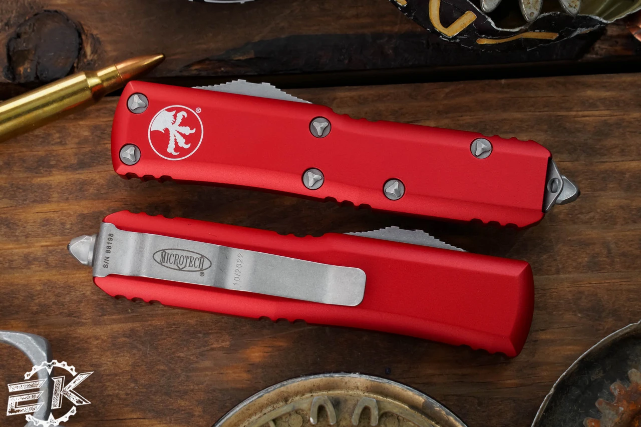 Microtech UTX-85 Spartan OTF Automatic Knife Red 3.1" Apocalyptic Stonewash 230-10APRD 5 Microtech UTX-85 Spartan OTF Automatic Knife Red 3.1" Apocalyptic Stonewash 230-10APRD - Image 3