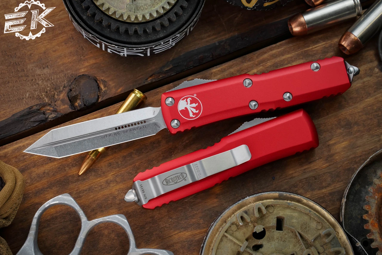 Microtech UTX-85 Spartan OTF Automatic Knife Red 3.1" Stonewash 230-10RD 3 Microtech UTX-85 Spartan OTF Automatic Knife Red 3.1" Stonewash 230-10RD