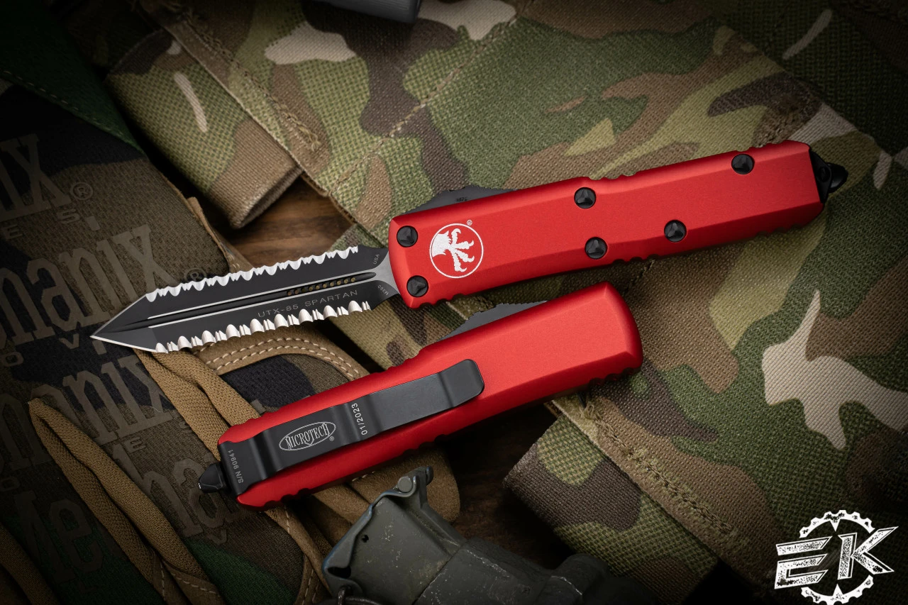 Microtech UTX-85 Spartan OTF Automatic Knife Red 3.1" Double Full-Serrated Black 230-D3RD 3 Microtech UTX-85 Spartan OTF Automatic Knife Red 3.1" Double Full-Serrated Black 230-D3RD