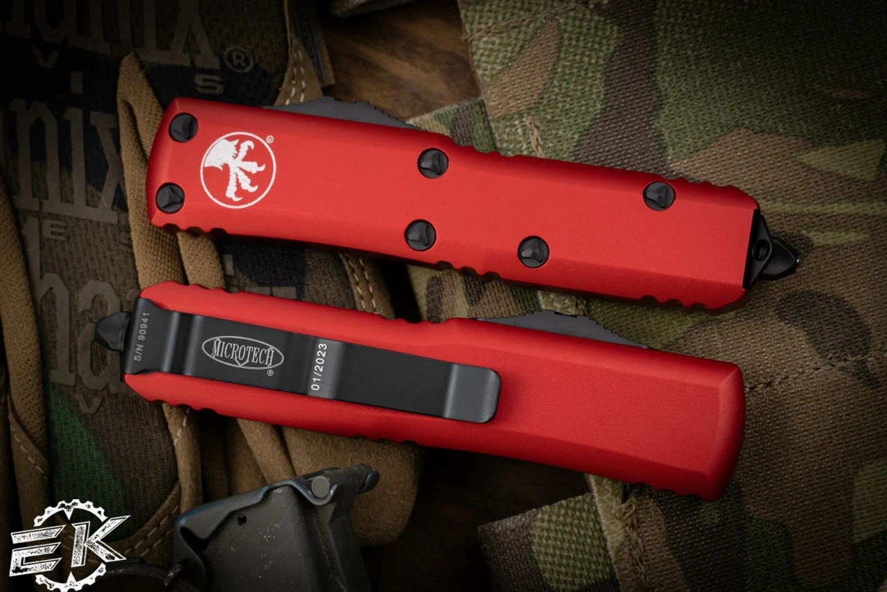 Microtech UTX-85 Spartan OTF Automatic Knife Red 3.1" Double Full-Serrated Black 230-D3RD 5 Microtech UTX-85 Spartan OTF Automatic Knife Red 3.1" Double Full-Serrated Black 230-D3RD - Image 3