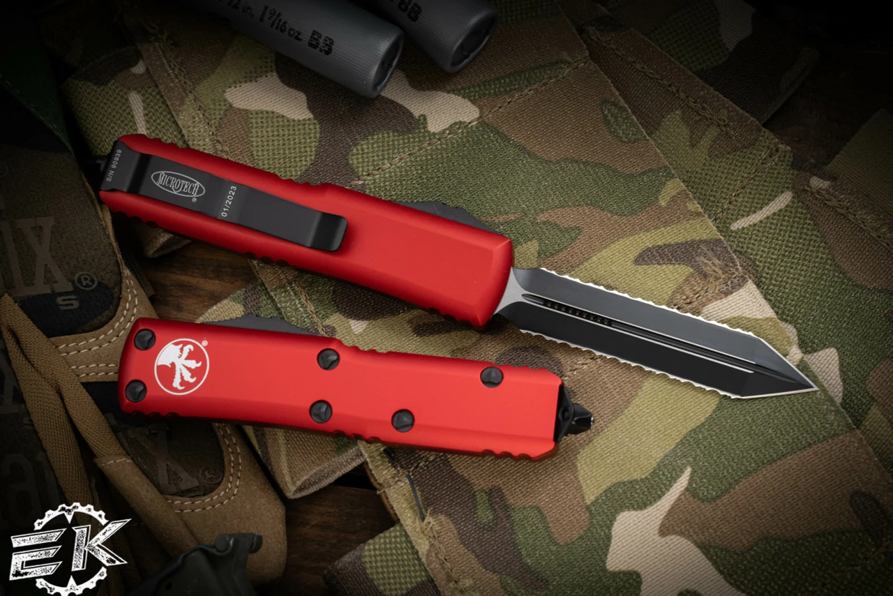 Microtech UTX-85 Spartan OTF Automatic Knife Red 3.1" Double Full-Serrated Black 230-D3RD 4 Microtech UTX-85 Spartan OTF Automatic Knife Red 3.1" Double Full-Serrated Black 230-D3RD - Image 2