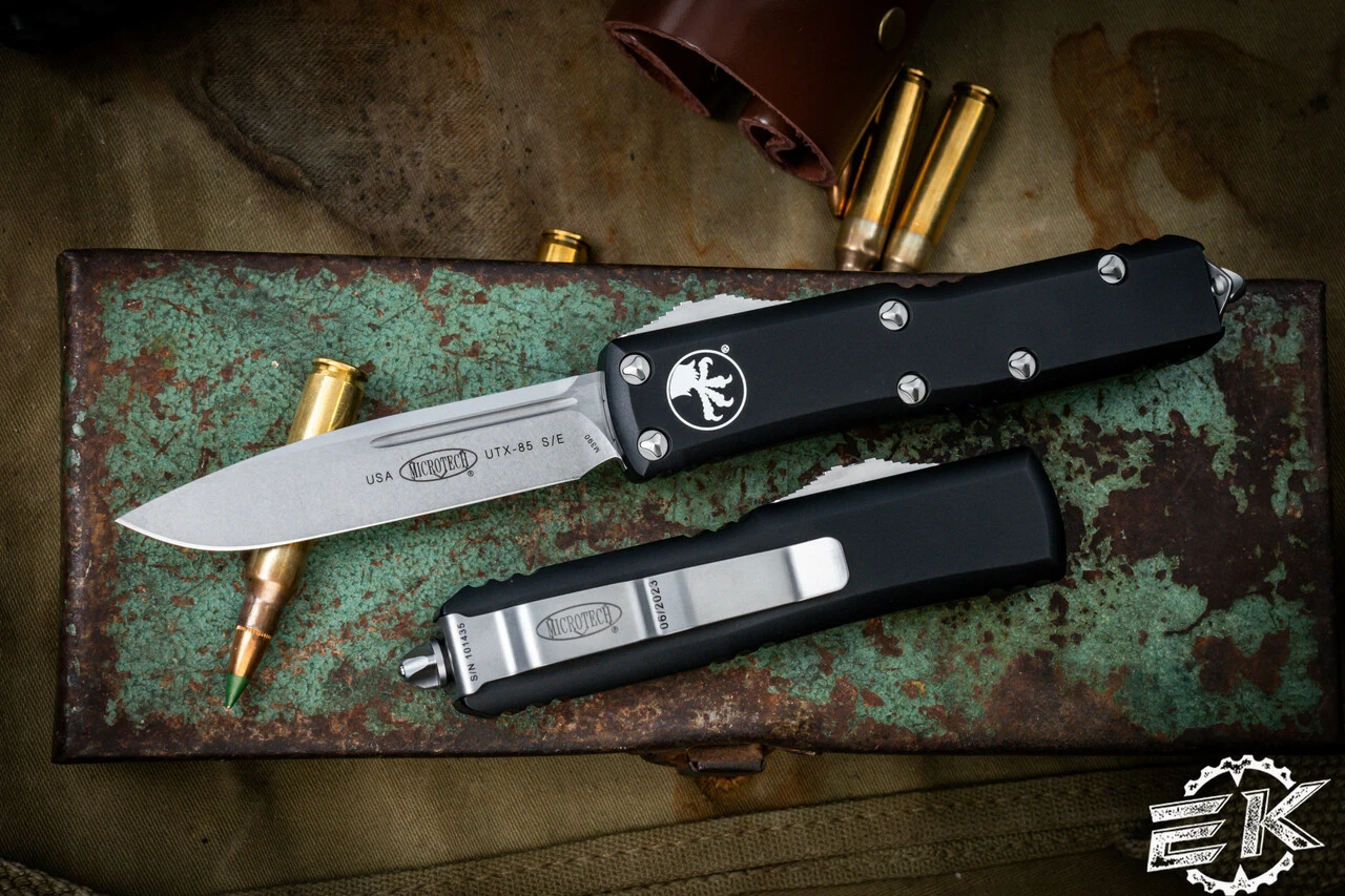 Microtech UTX-85 OTF Automatic Knife Black 3.1" Drop Point Stonewash 231-10 3 Microtech UTX-85 OTF Automatic Knife Black 3.1" Drop Point Stonewash 231-10