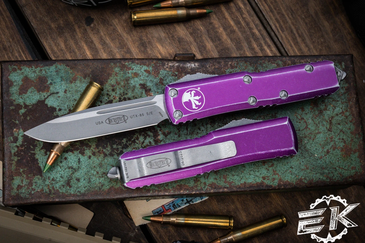 Microtech UTX-85 OTF Automatic Knife Distressed Violet 3.1" Drop Point Stonewash 231-10DVI 3 Microtech UTX-85 OTF Automatic Knife Distressed Violet 3.1" Drop Point Stonewash 231-10DVI