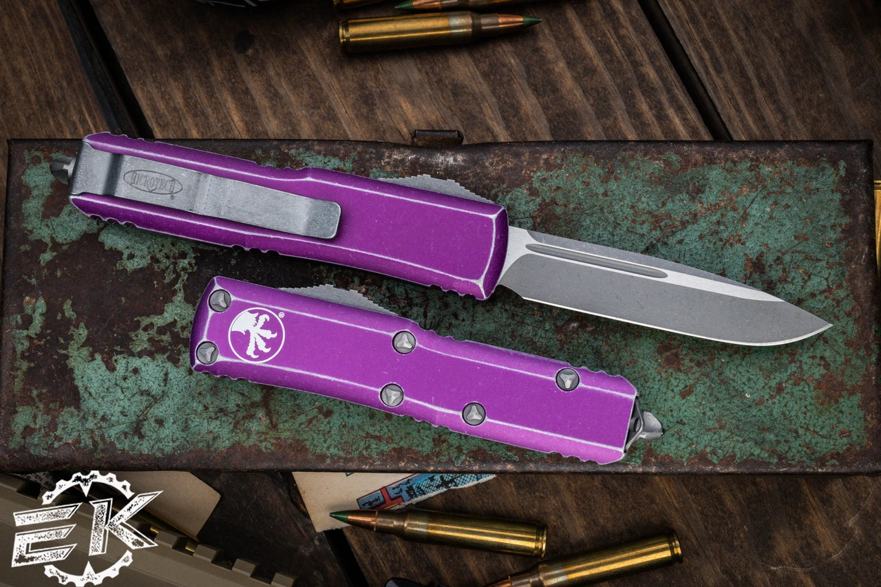 Microtech UTX-85 OTF Automatic Knife Distressed Violet 3.1" Drop Point Stonewash 231-10DVI 4 Microtech UTX-85 OTF Automatic Knife Distressed Violet 3.1" Drop Point Stonewash 231-10DVI - Image 2