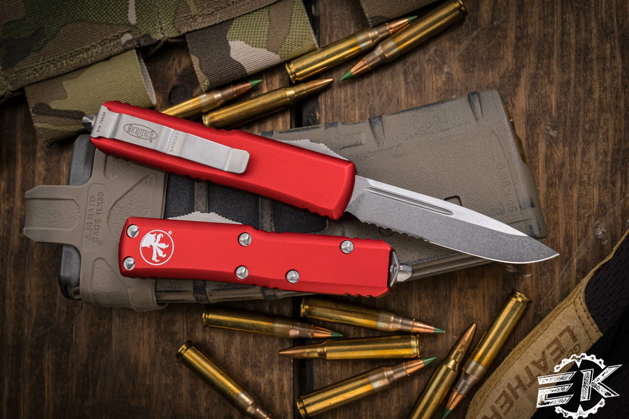 Microtech UTX-85 Red OTF Automatic Stonewash Serrated 231-11RD 4 Microtech UTX-85 Red OTF Automatic Stonewash Serrated 231-11RD - Image 2