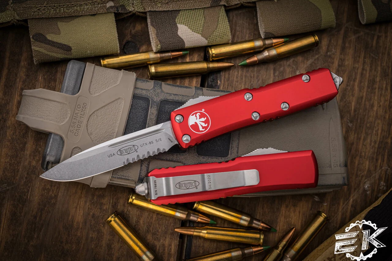 Microtech UTX-85 Red OTF Automatic Stonewash Serrated 231-11RD 3 Microtech UTX-85 Red OTF Automatic Stonewash Serrated 231-11RD