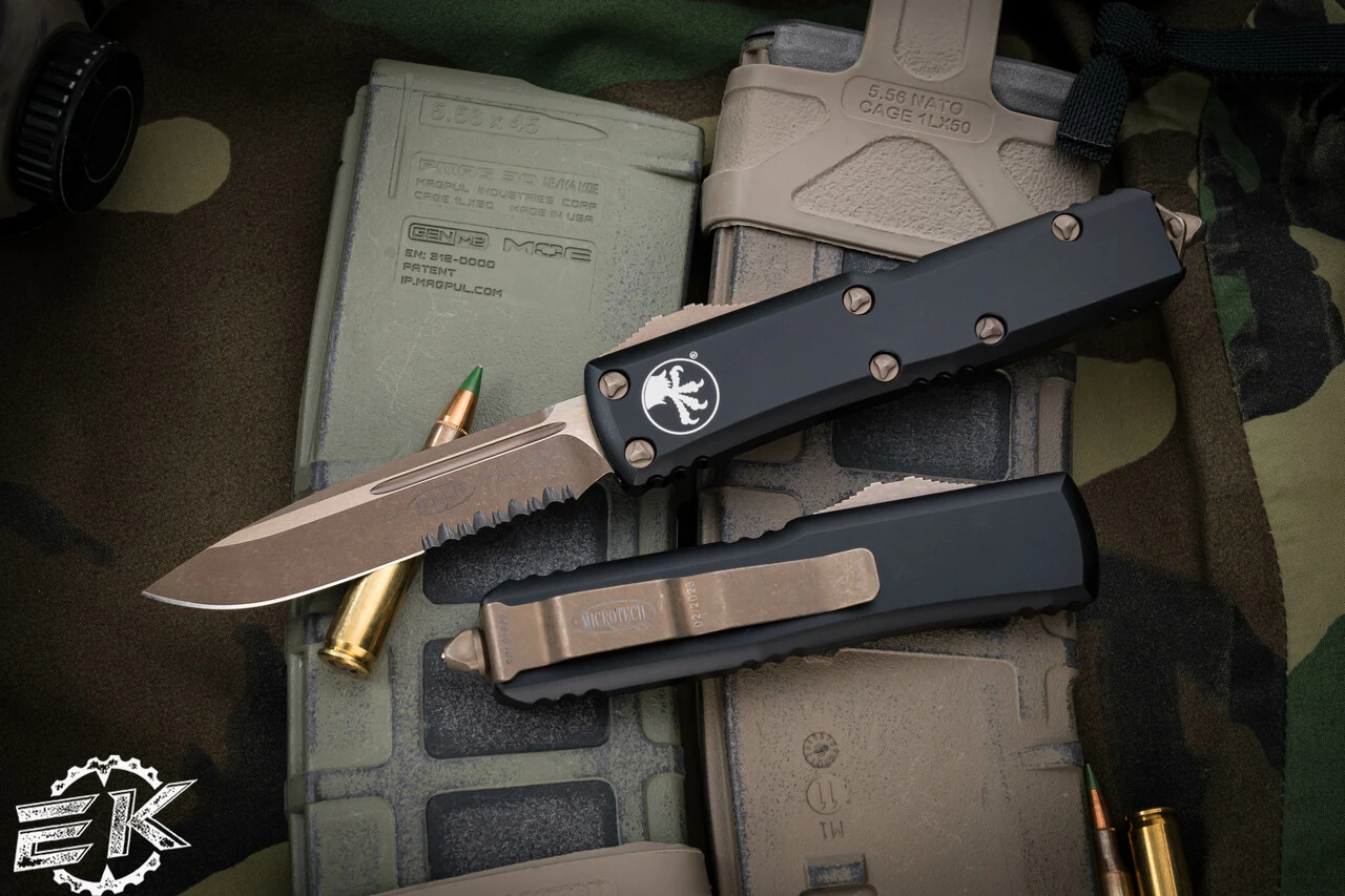Microtech UTX-85 OTF Automatic Knife 3.1" Drop Point Bronze Apocalyptic Serrated 231-14AP 3 Microtech UTX-85 OTF Automatic Knife 3.1" Drop Point Bronze Apocalyptic Serrated 231-14AP
