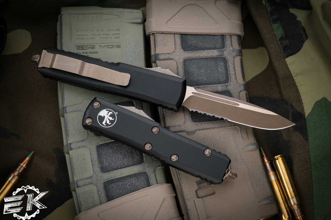 Microtech UTX-85 OTF Automatic Knife 3.1" Drop Point Bronze Apocalyptic Serrated 231-14AP 4 Microtech UTX-85 OTF Automatic Knife 3.1" Drop Point Bronze Apocalyptic Serrated 231-14AP - Image 2