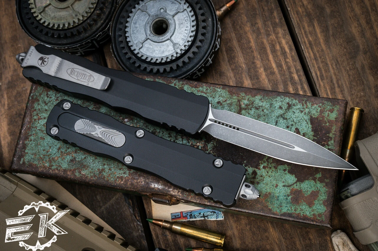 Microtech Dirac Delta OTF Automatic Knife 3.8" Dagger Apocalyptic Stonewash 227-10AP 4 Microtech Dirac Delta OTF Automatic Knife 3.8" Dagger Apocalyptic Stonewash 227-10AP - Image 2