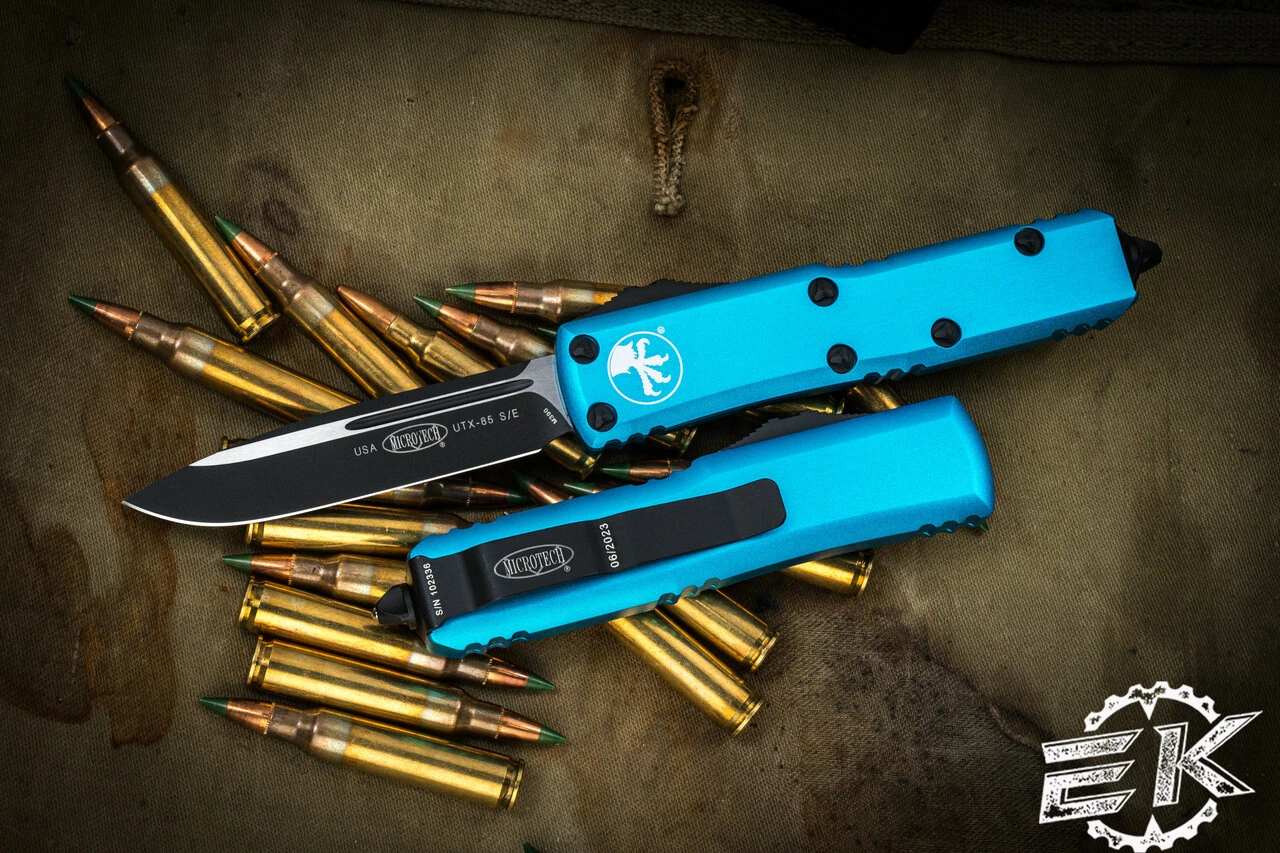 Microtech UTX-85 Turquoise OTF Automatic Knife 3" Black Drop Point 231-1TQ 3 Microtech UTX-85 Turquoise OTF Automatic Knife 3" Black Drop Point 231-1TQ