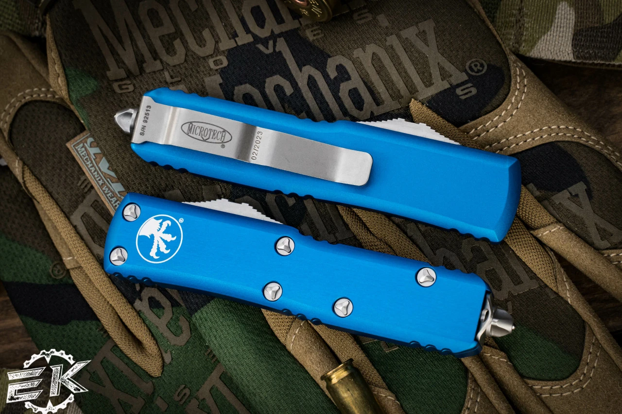 Microtech UTX-85 OTF Automatic Knife Blue 3.1" Satin Drop Point 231-4BL 5 Microtech UTX-85 OTF Automatic Knife Blue 3.1" Satin Drop Point 231-4BL - Image 3